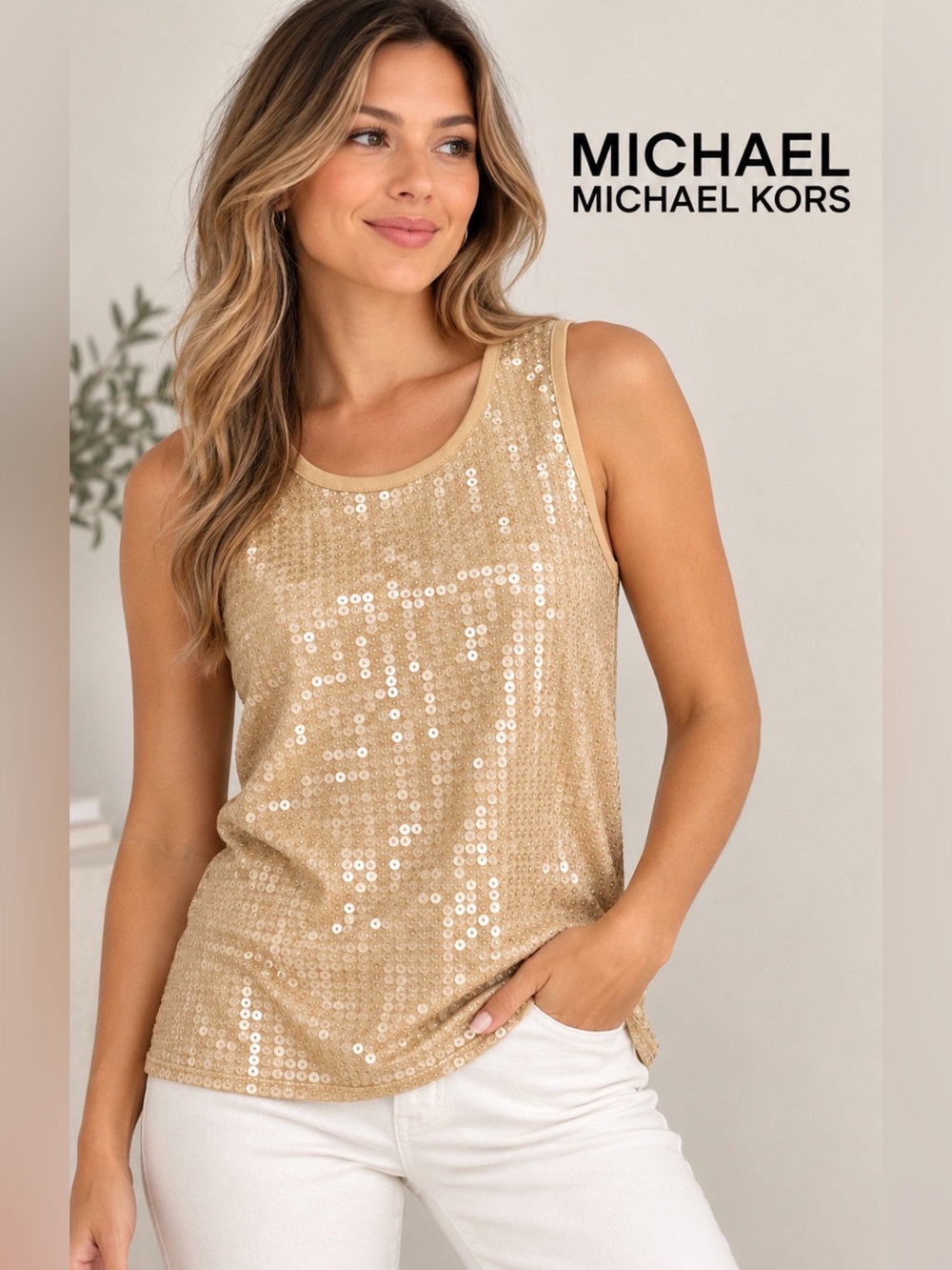 MICHAEL Michael Kors Champagne Gold Sequin Tank Top M Holiday Party Evening